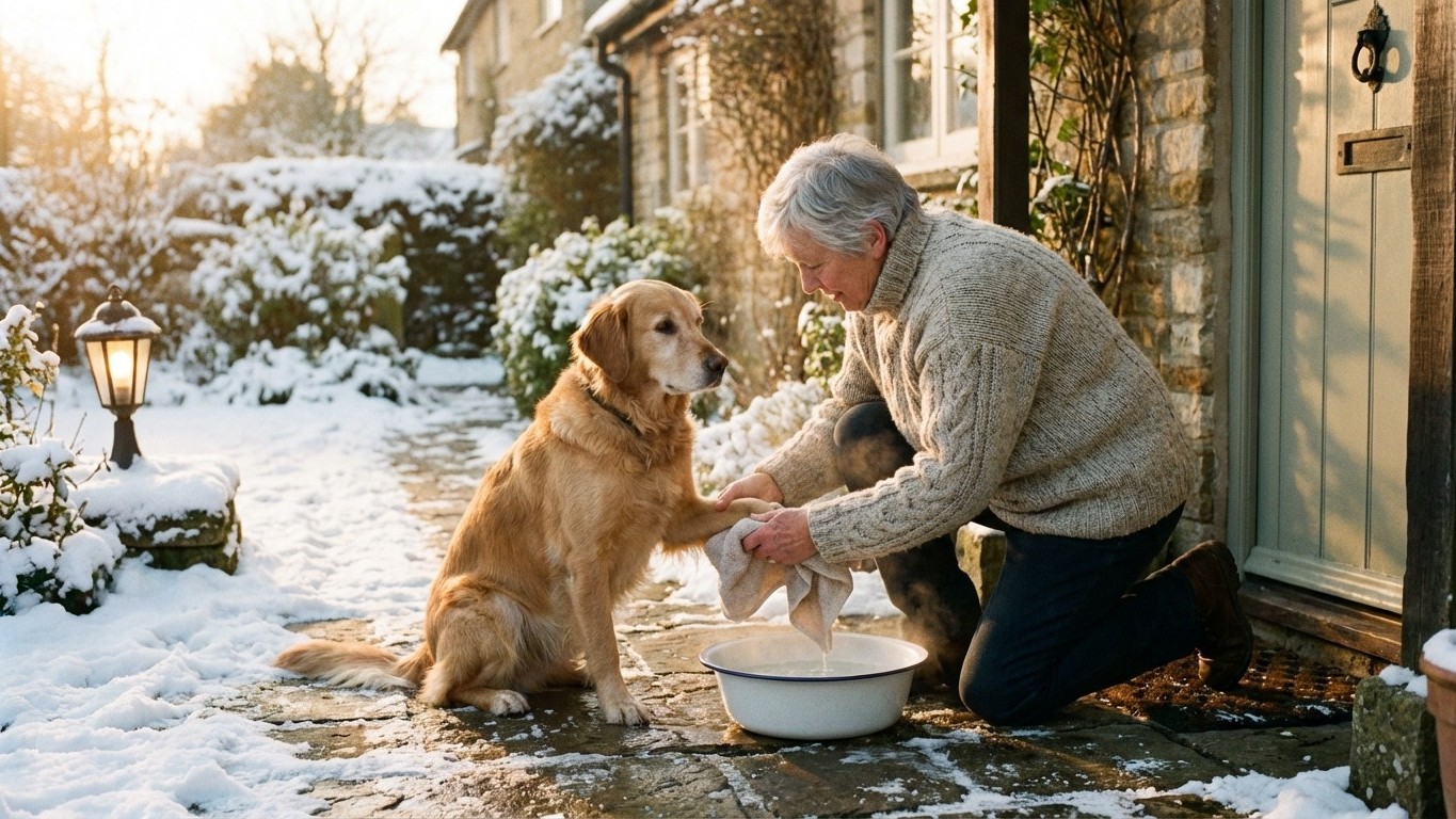 Le geste oublié de nos grands-parents après chaque promenade hivernale : il protégeait les coussinets de leur chien