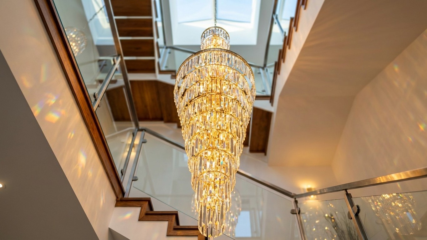Lustre cristal pour escalier : cascade, sécurité et rendu lumineux