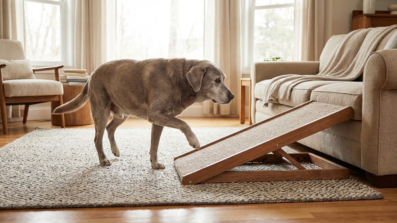 Aménager la maison pour un chien senior qui glisse : sols, rampes et routines