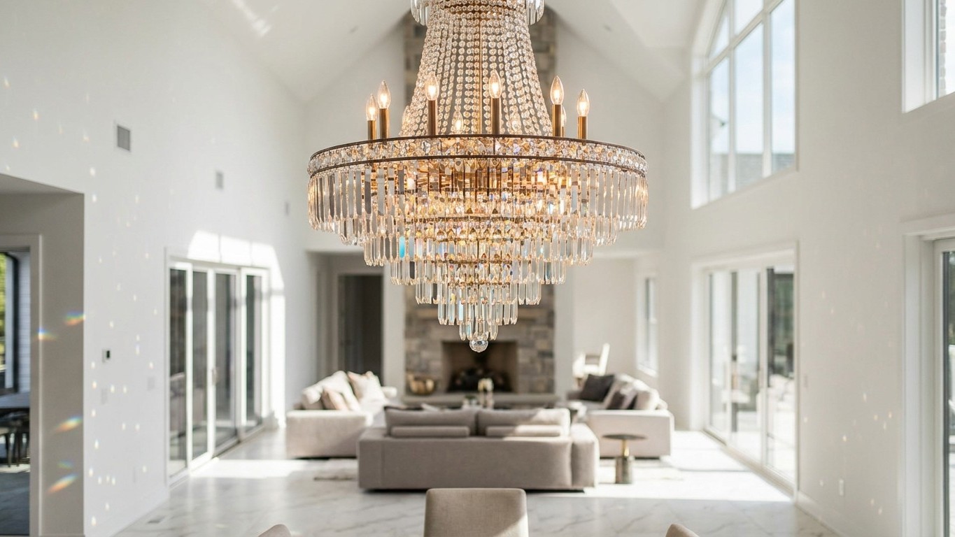 Lustre cristal pour plafond haut : longueur de chaîne et proportions