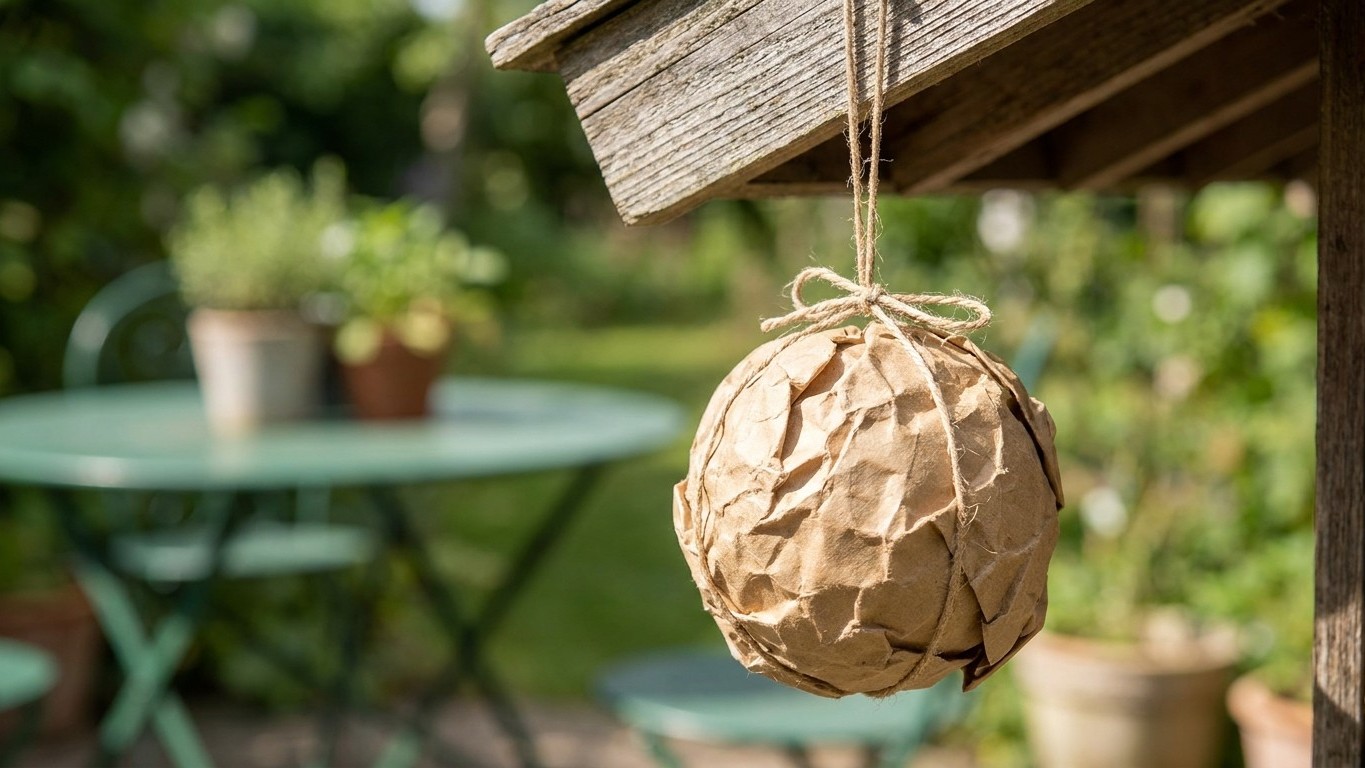 J'ai suspendu une boule de papier kraft froissé sous l'avancée de toit juste pour faire joli : depuis, plus une guêpe ne s...